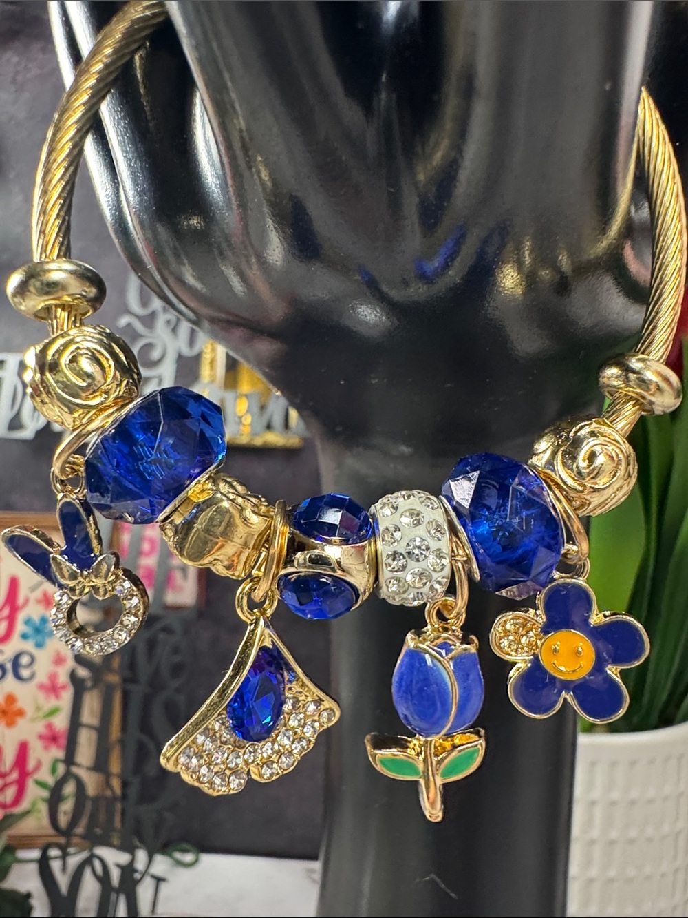 Gold-Tone Bracelet with Royal Blue Crystal Charms